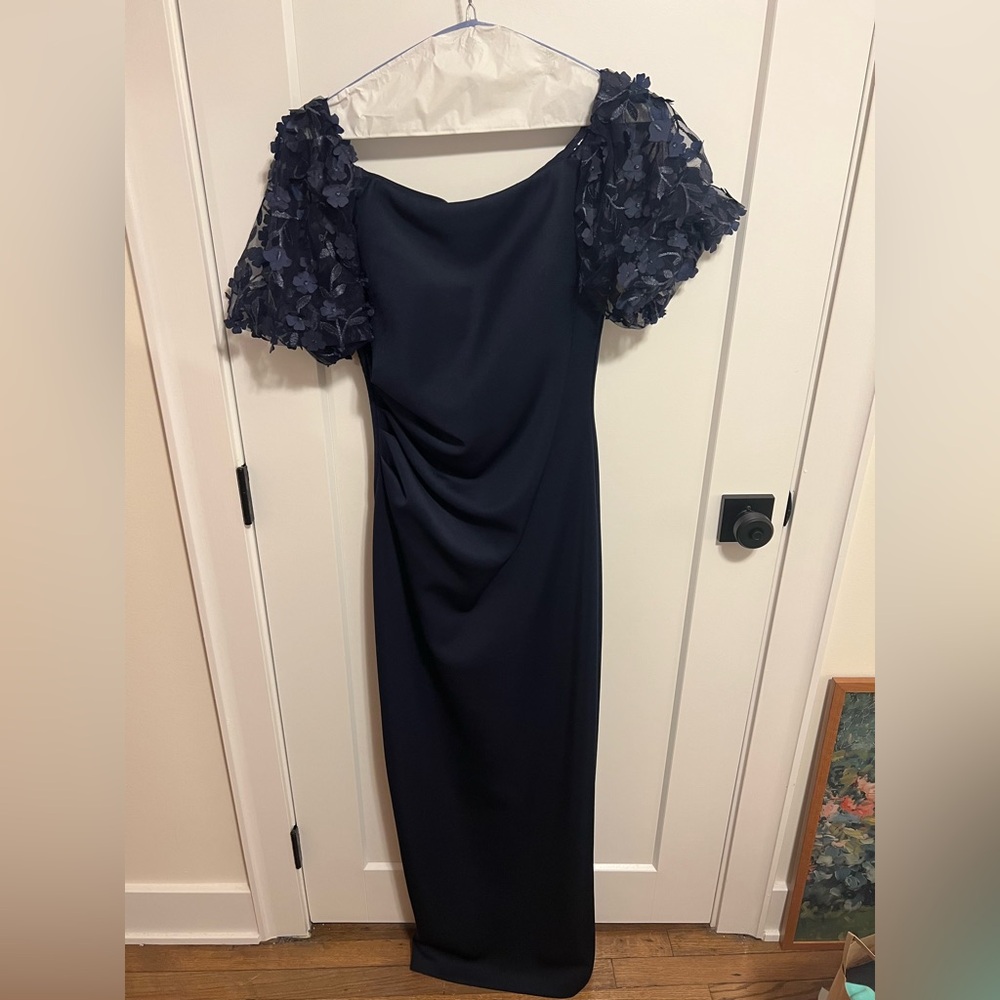 Xscape Navy Floor Length Gown with Floral Appliqué Sleeves Size 10